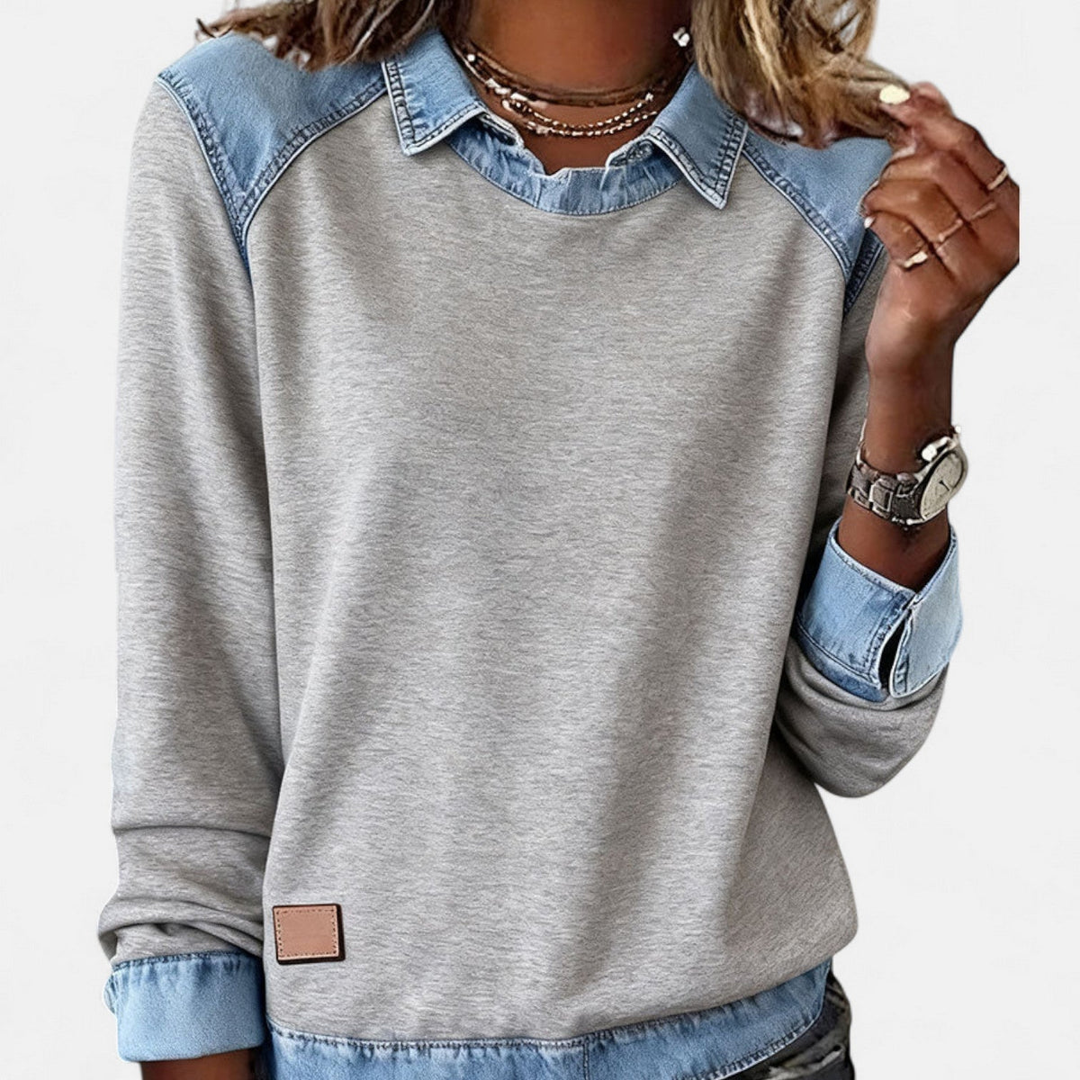 Aurelia | Sweat Femme en Denim Color Block Col Chemise Manches Longues
