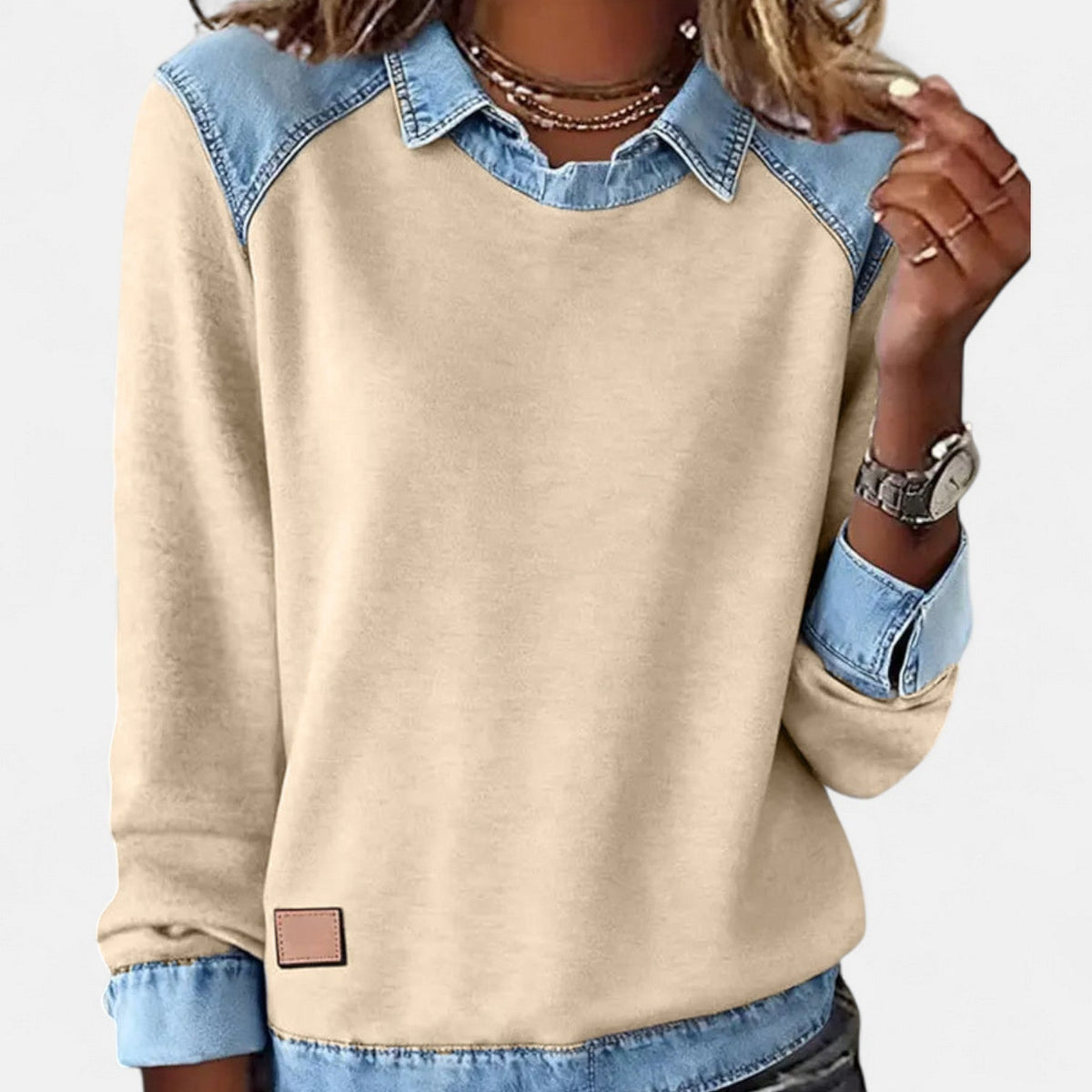 Aurelia | Sweat Femme en Denim Color Block Col Chemise Manches Longues
