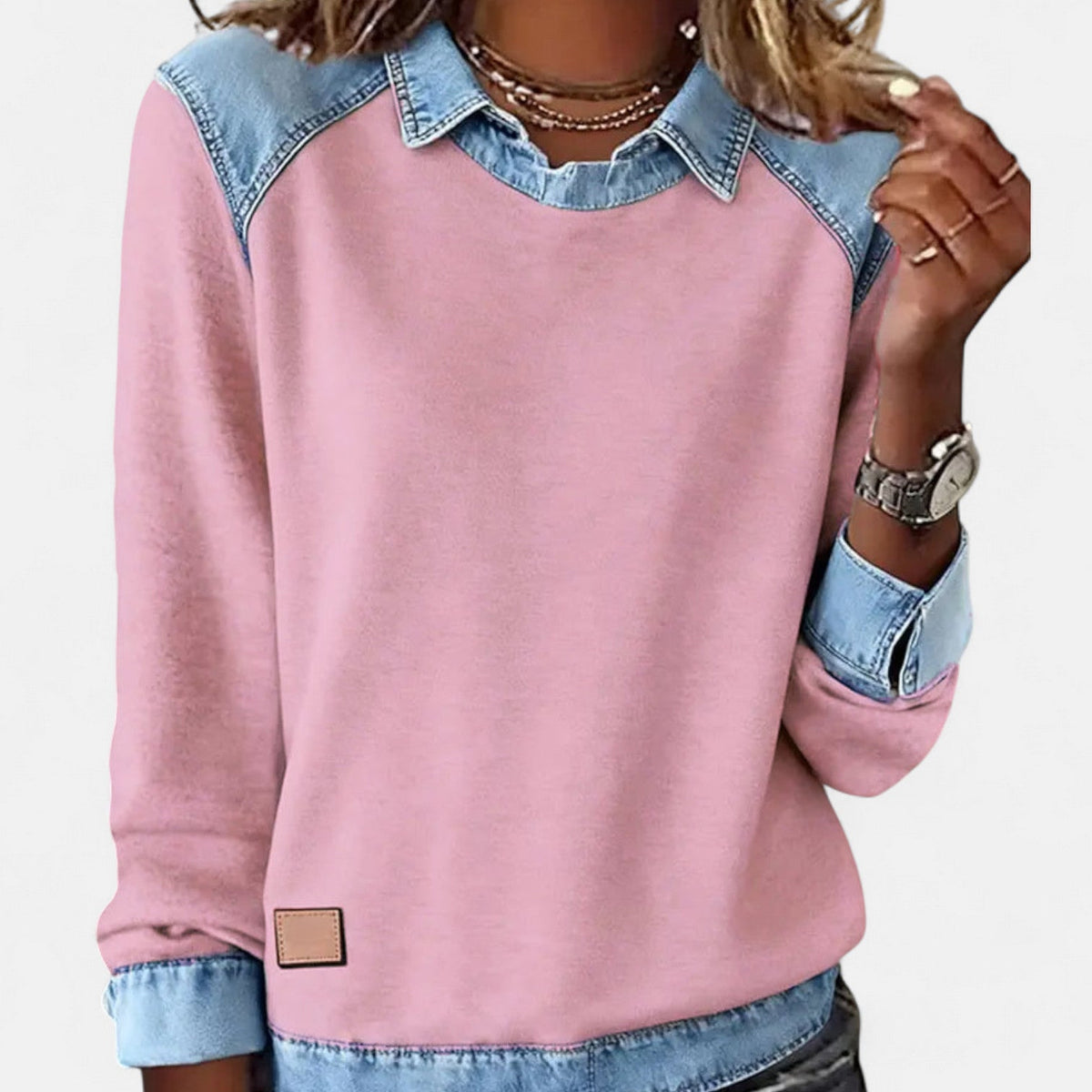 Aurelia | Sweat Femme en Denim Color Block Col Chemise Manches Longues