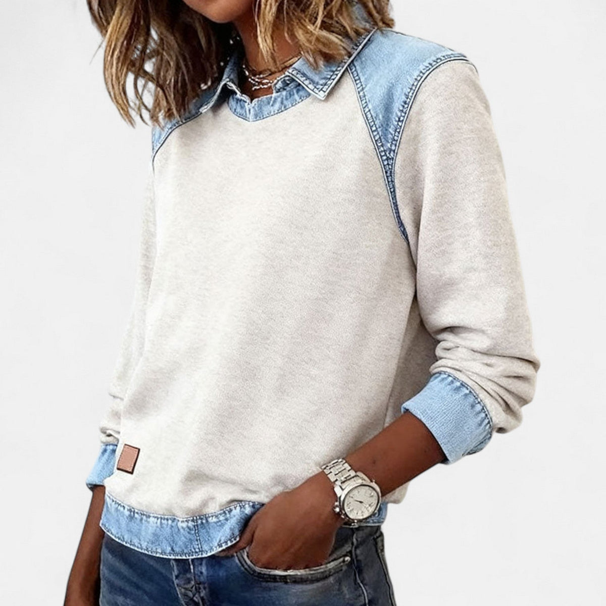 Aurelia | Sweat Femme en Denim Color Block Col Chemise Manches Longues