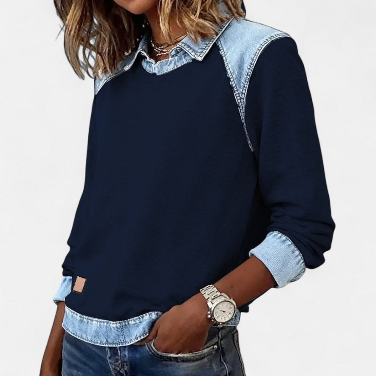 Aurelia | Sweat Femme en Denim Color Block Col Chemise Manches Longues
