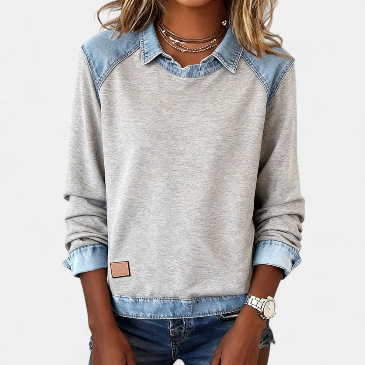 Aurelia | Sweat Femme en Denim Color Block Col Chemise Manches Longues