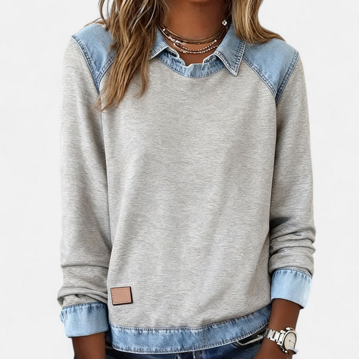 Aurelia | Sweat Femme en Denim Color Block Col Chemise Manches Longues