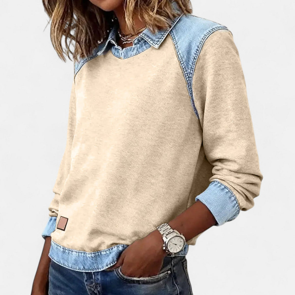 Aurelia | Sweat Femme en Denim Color Block Col Chemise Manches Longues