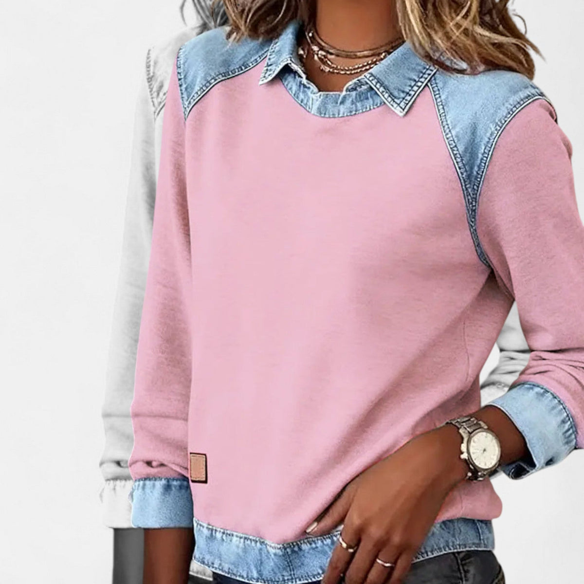 Aurelia | Sweat Femme en Denim Color Block Col Chemise Manches Longues
