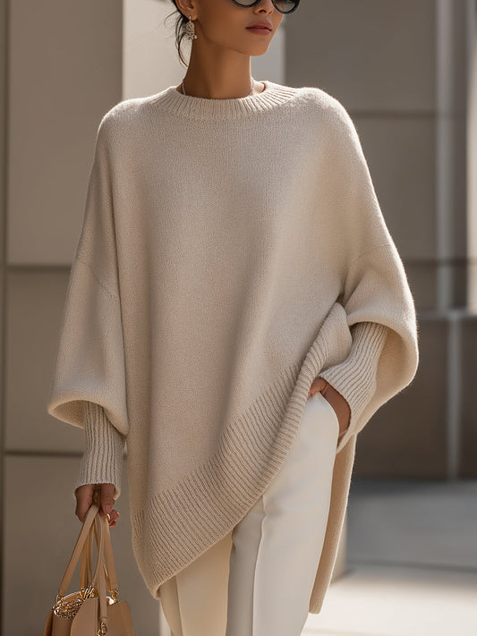 Aurélie | Pull Poncho Femme en Maille Oversize Col Rond Manches Chauve-Souris