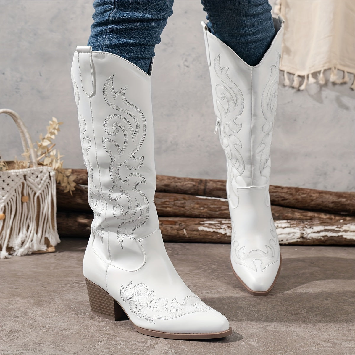 Aurélie | Santiags Femme Hautes en Simili Cuir Brodées Talon Large