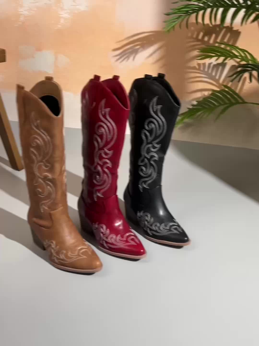Aurélie | Santiags Femme Hautes en Simili Cuir Brodées Talon Large