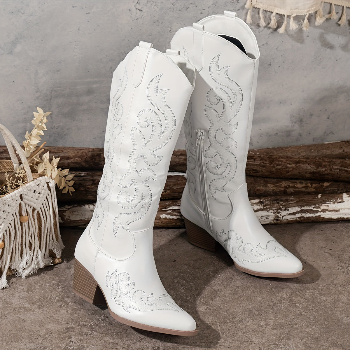 Aurélie | Santiags Femme Hautes en Simili Cuir Brodées Talon Large