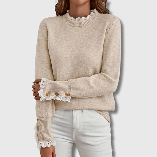 Aveline | Pull Femme en Maille Col Rond à Dentelle et Boutons