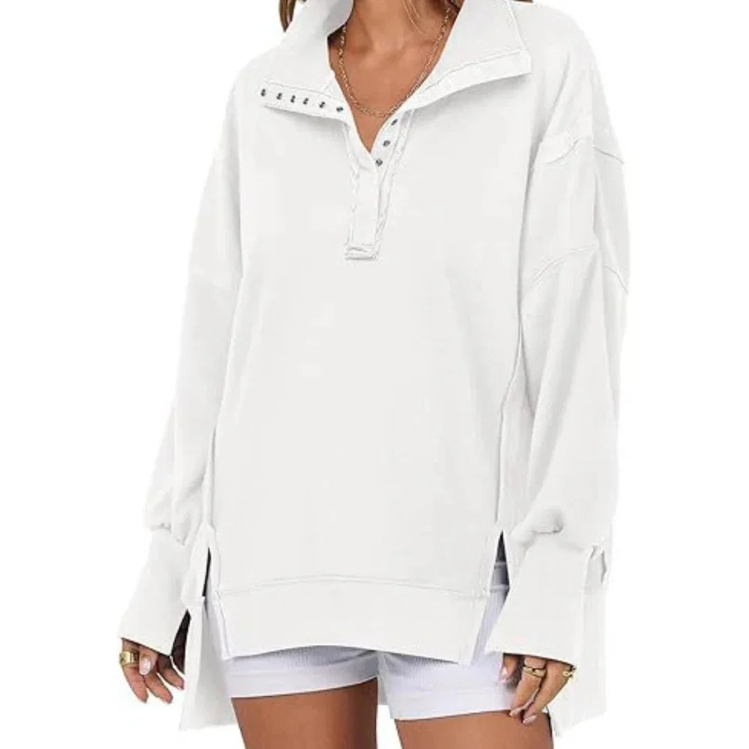 Blanche | Sweat Femme Oversize à Boutons Col Montant avec Fente Latérale