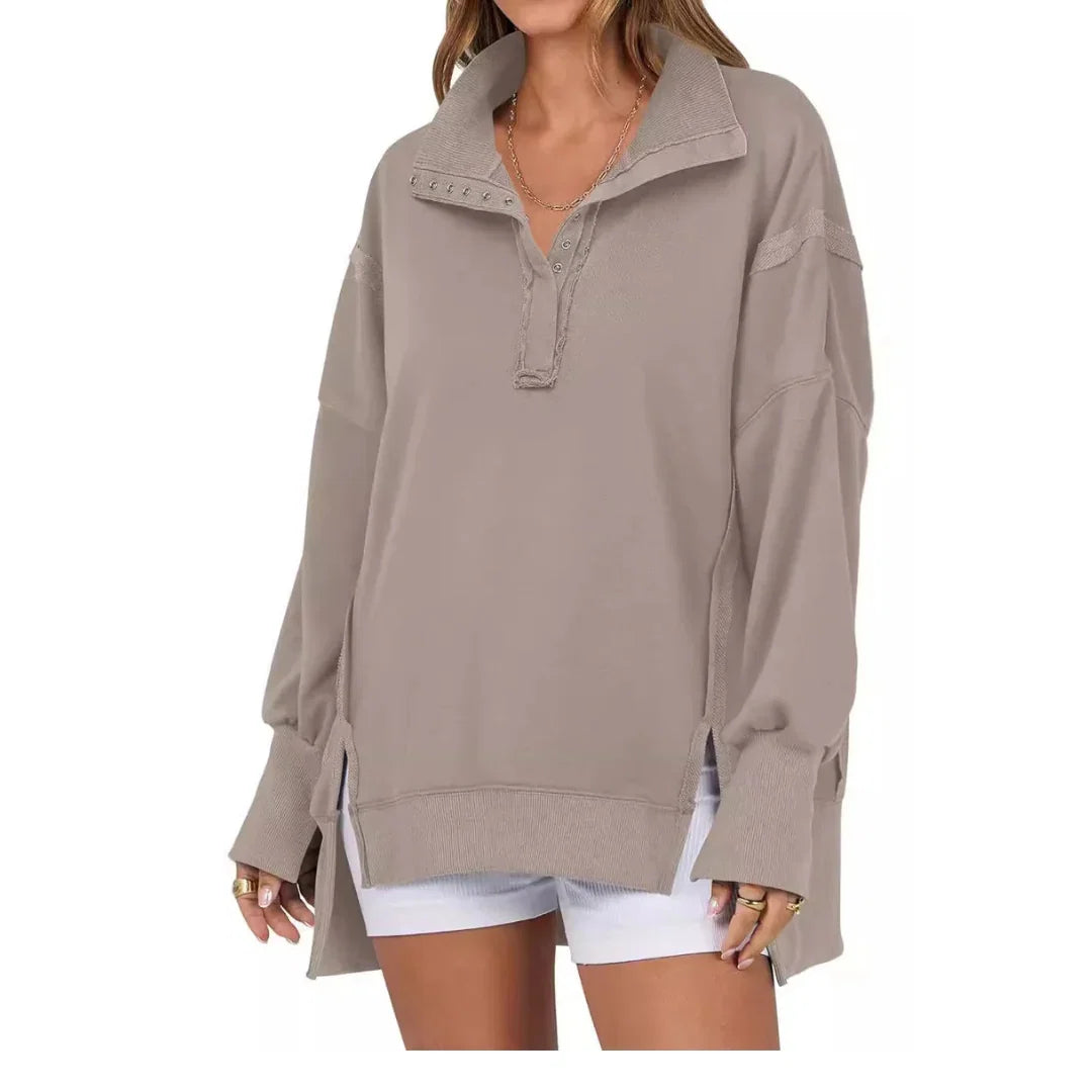 Blanche | Sweat Femme Oversize à Boutons Col Montant avec Fente Latérale