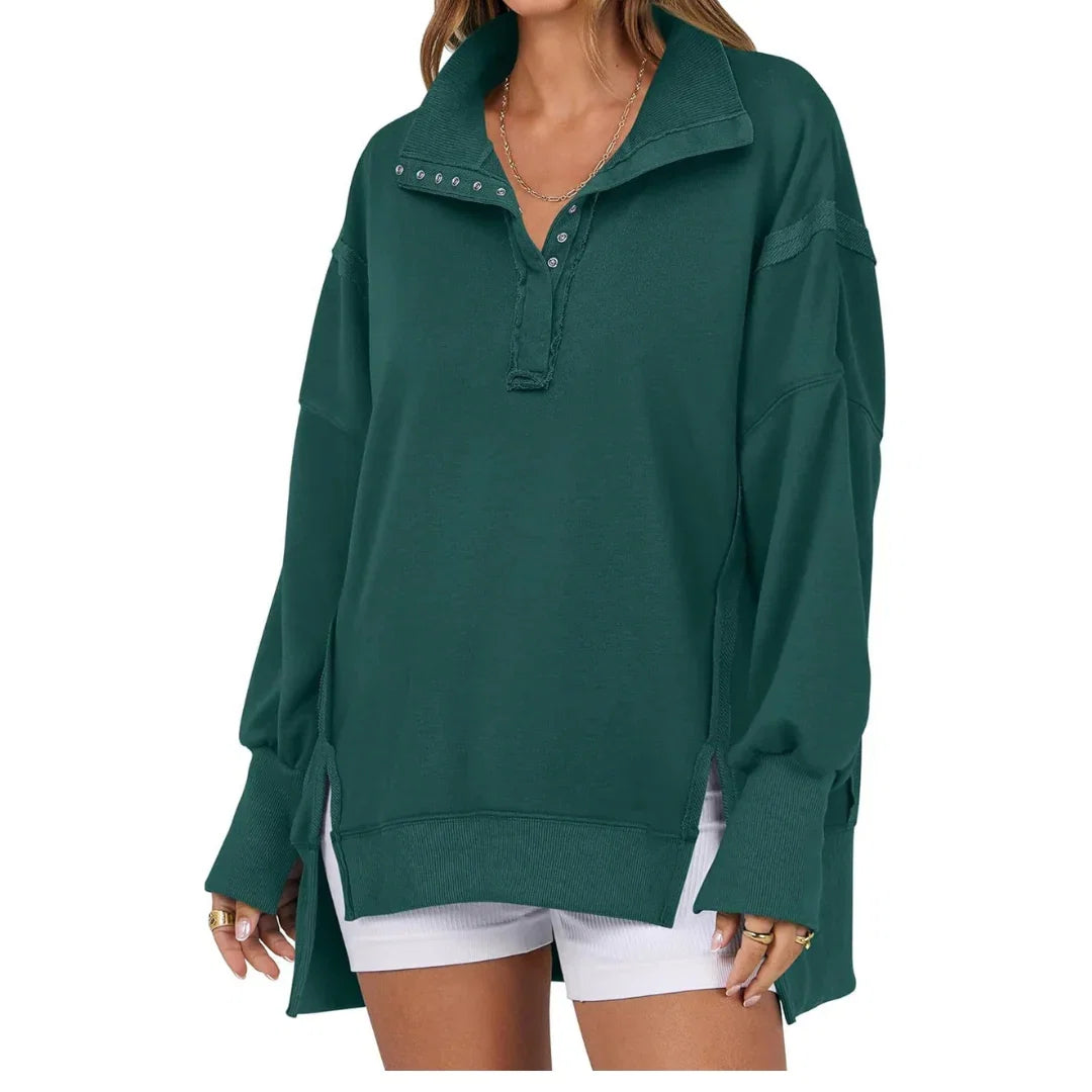 Blanche | Sweat Femme Oversize à Boutons Col Montant avec Fente Latérale