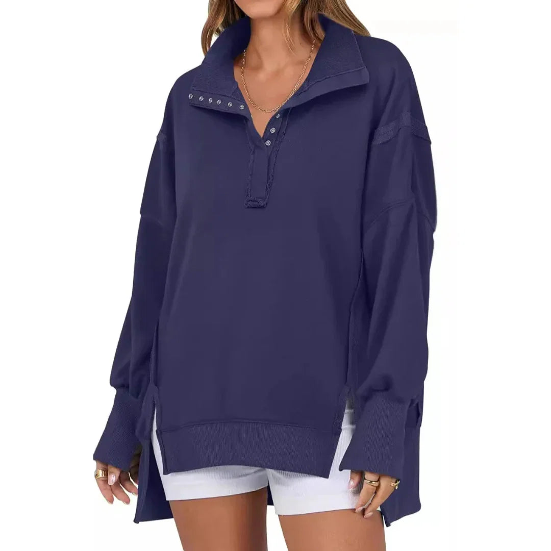 Blanche | Sweat Femme Oversize à Boutons Col Montant avec Fente Latérale