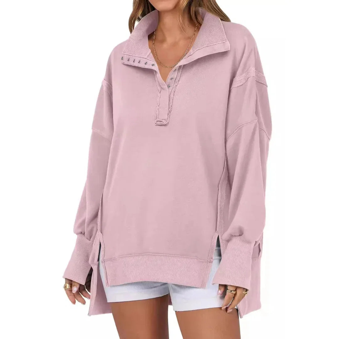 Blanche | Sweat Femme Oversize à Boutons Col Montant avec Fente Latérale