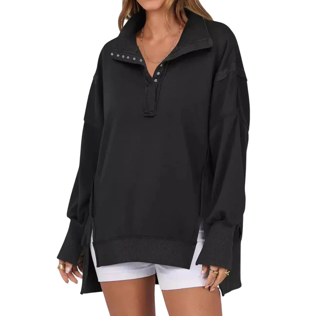 Blanche | Sweat Femme Oversize à Boutons Col Montant avec Fente Latérale
