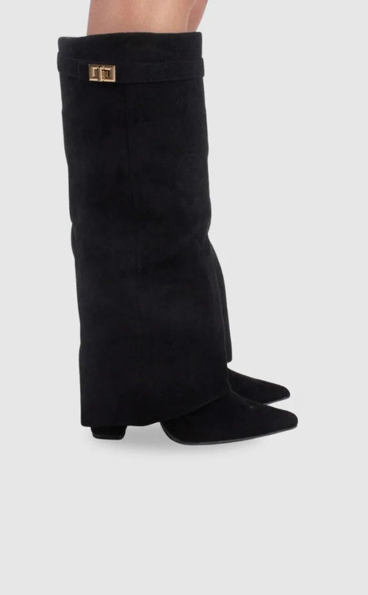 Bottes | Bottes Hautes en Daim Noir Détail Doré Talon Compensé