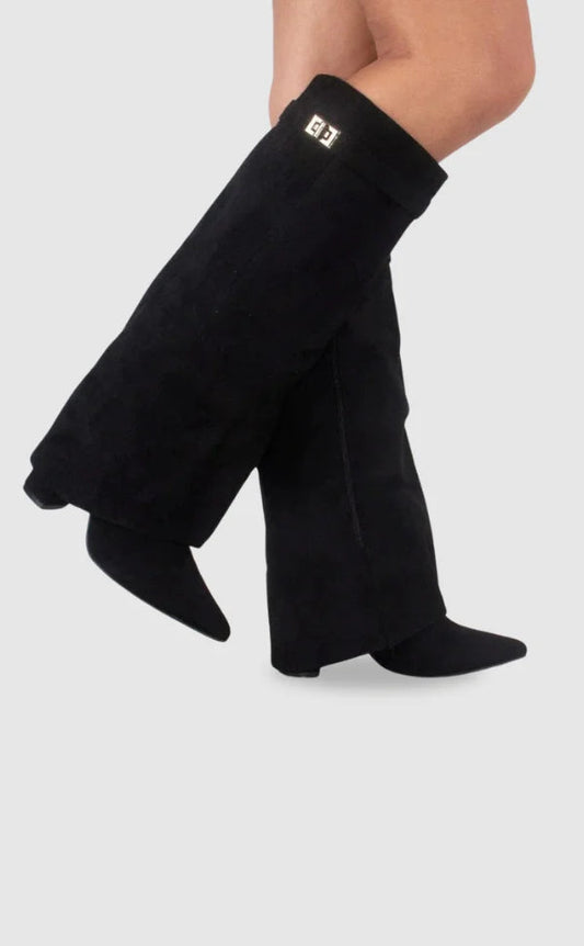Bottes | Bottes Hautes en Daim Noir Détail Doré Talon Compensé