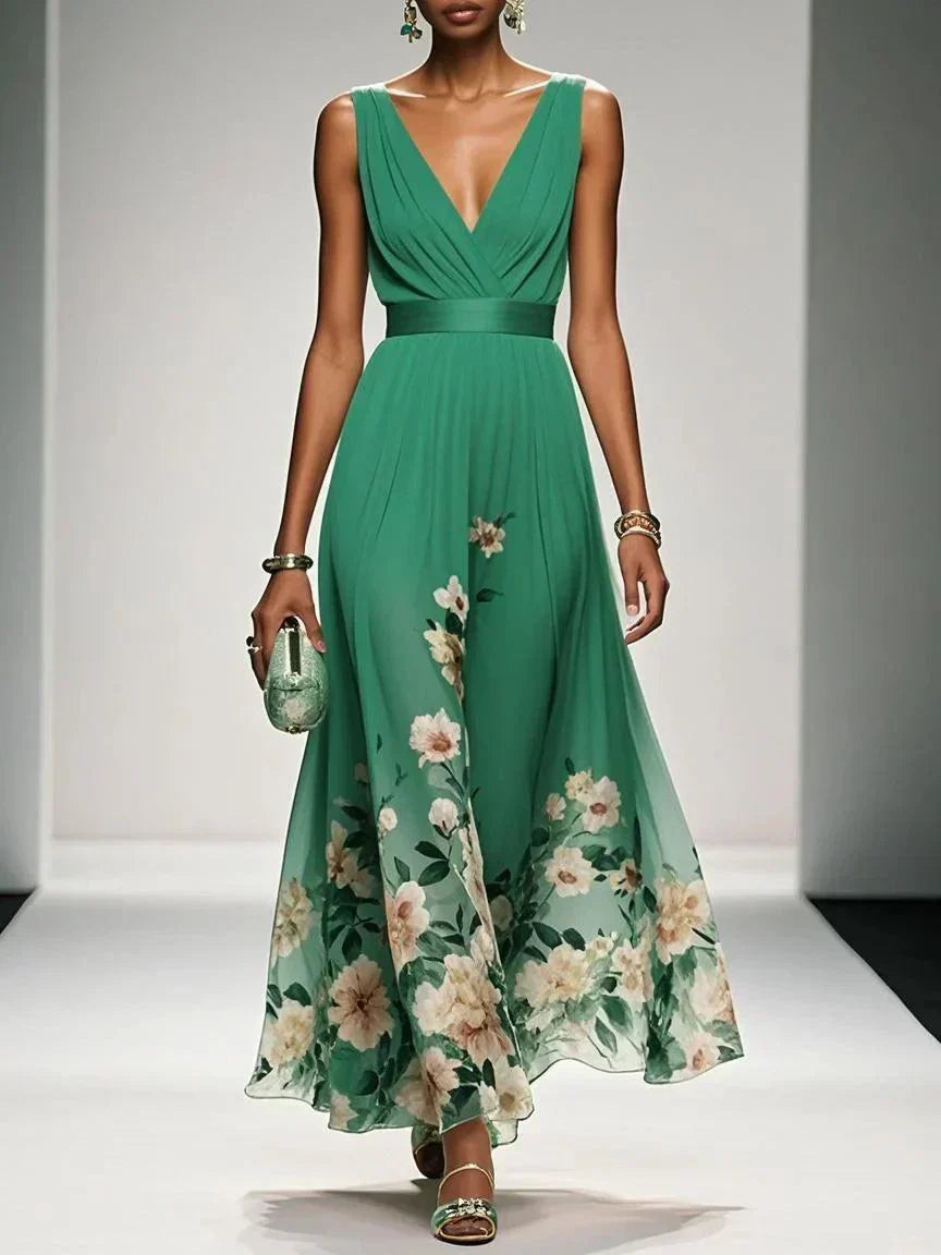 Fleur | Robe Maxi Chiffon Florale Deep V Neck Plissée Sans Manches