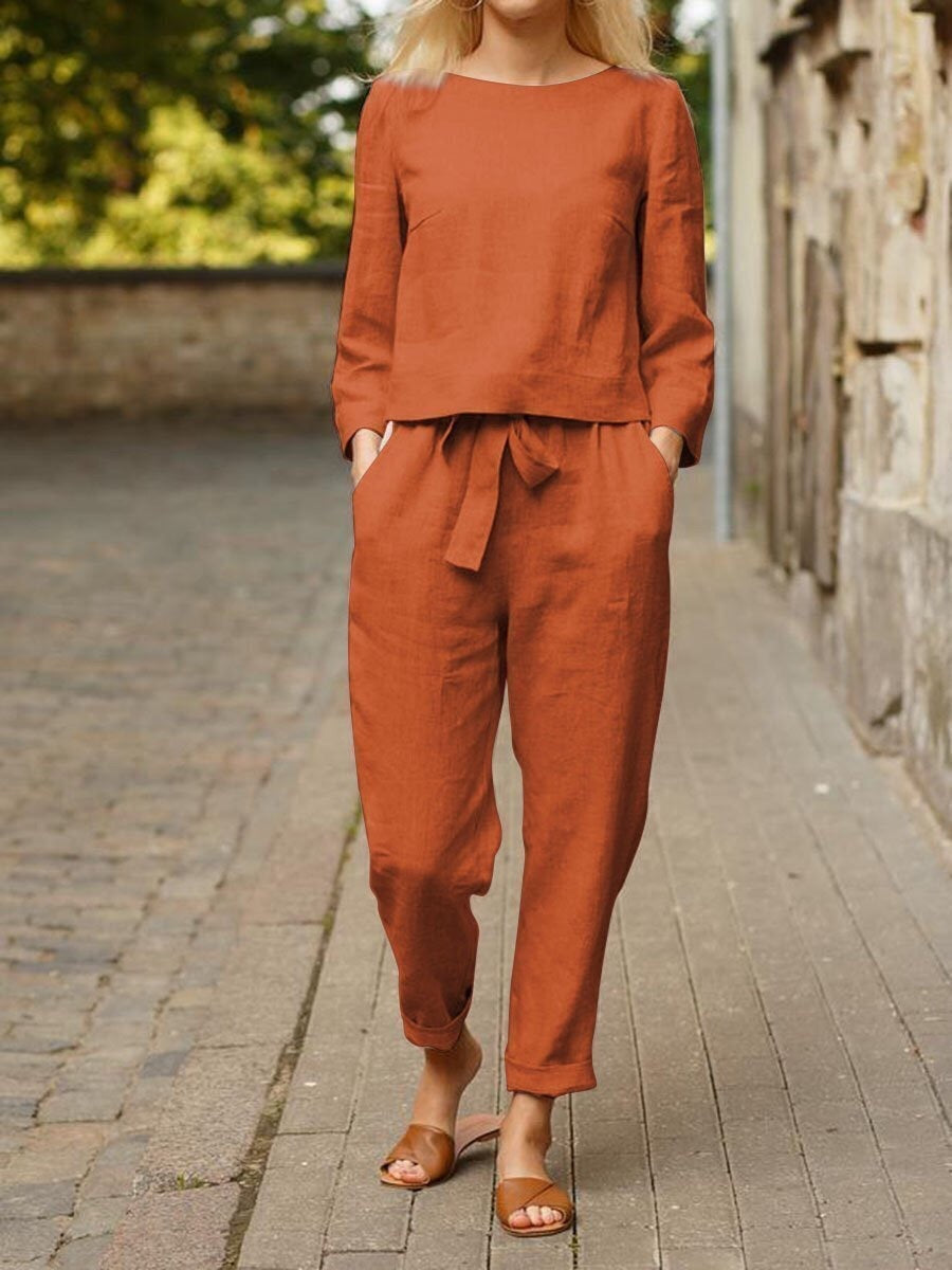 Capucine | Ensemble Femme en Lin Top Col Rond et Pantalon à Ceinture