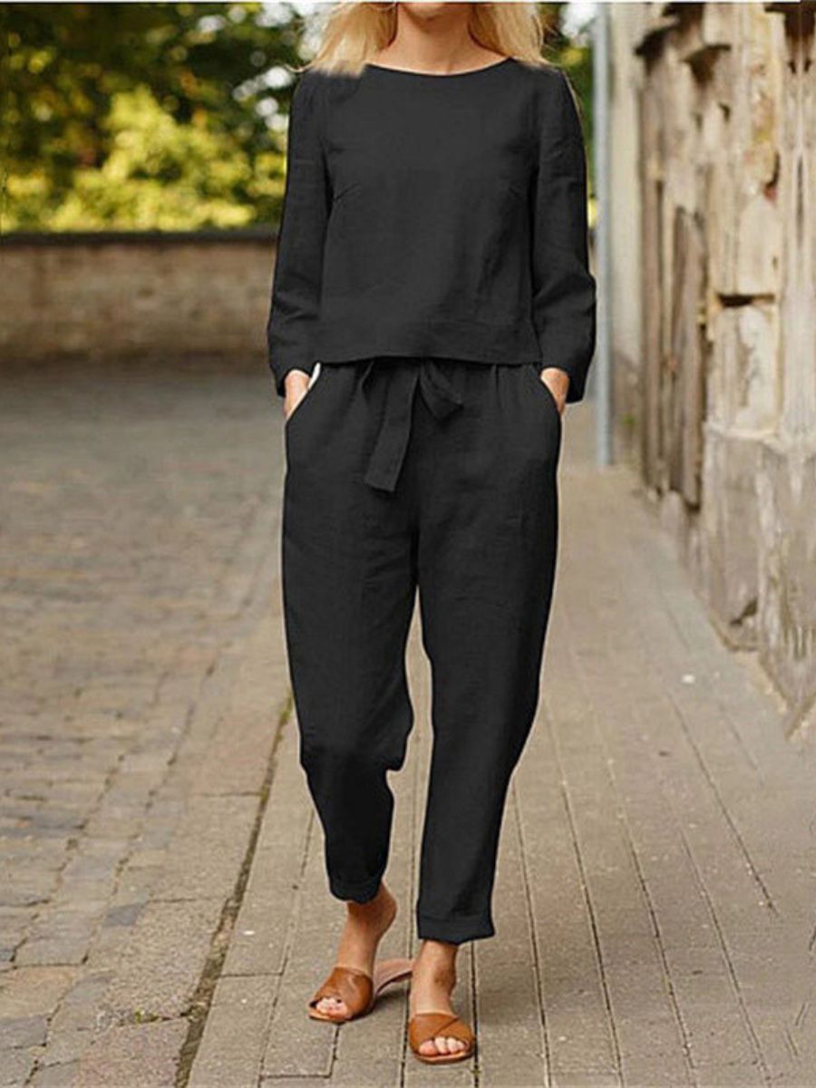 Capucine | Ensemble Femme en Lin Top Col Rond et Pantalon à Ceinture