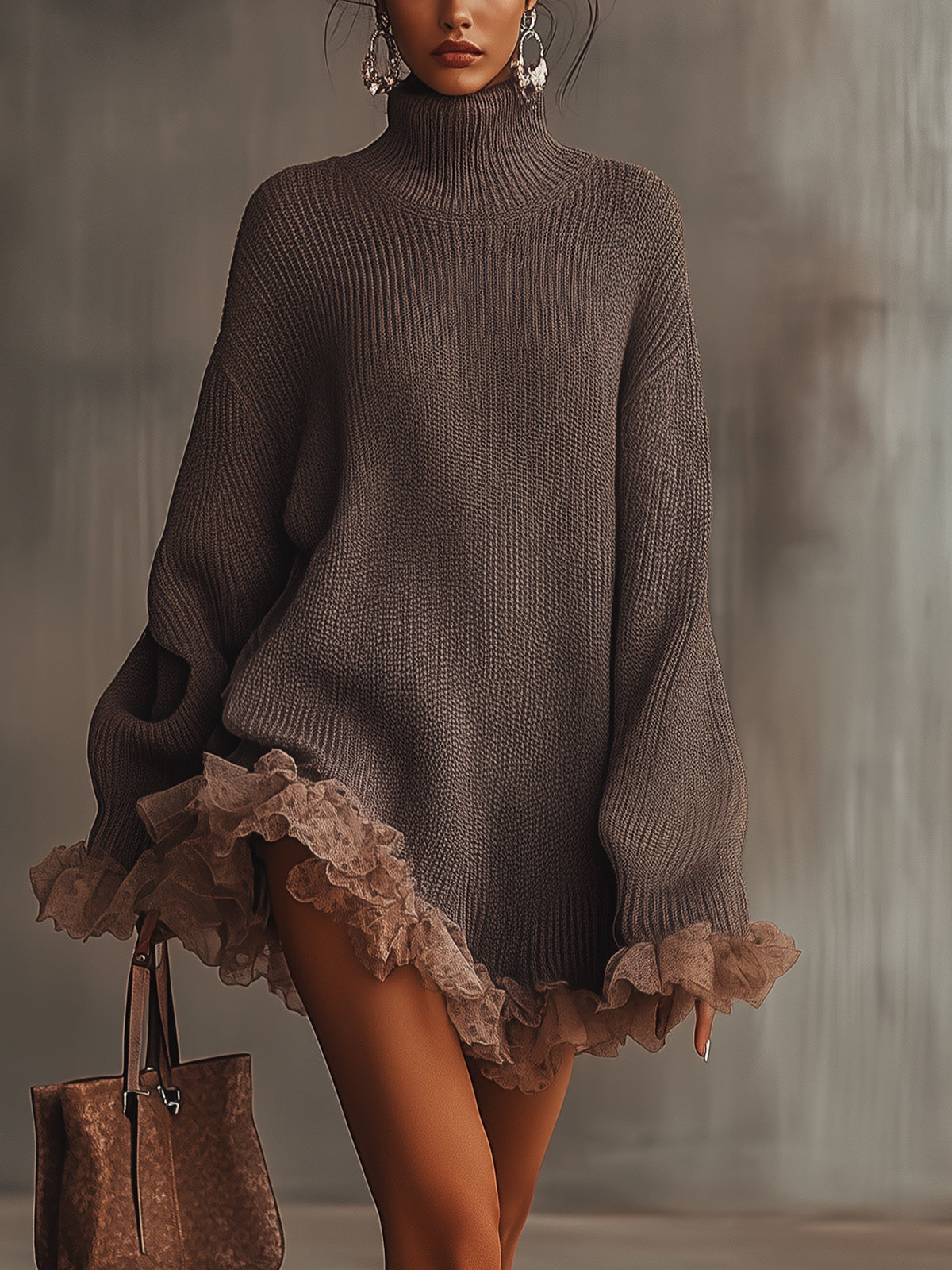 Celine | Robe Pull Femme en Maille Oversize Col Roulé Volants en Dentelle