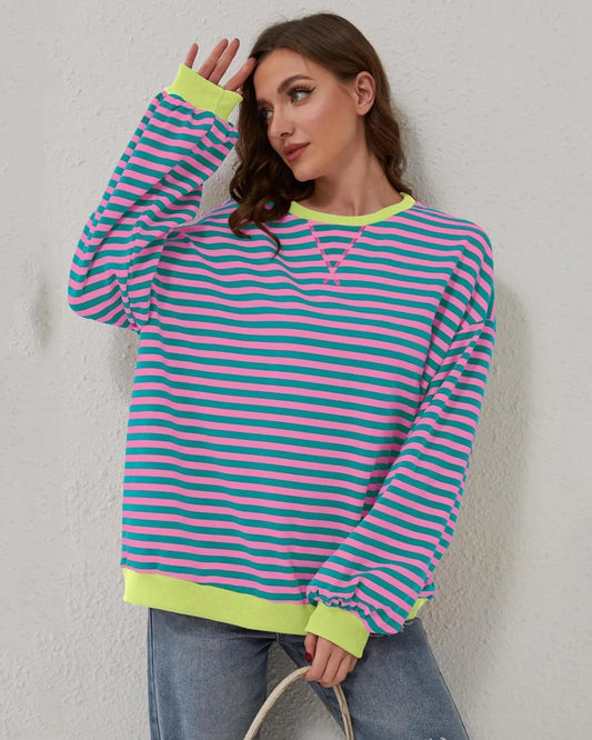 Coraline | Sweat Femme Oversize Rayé Col Rond Bords Contrastants