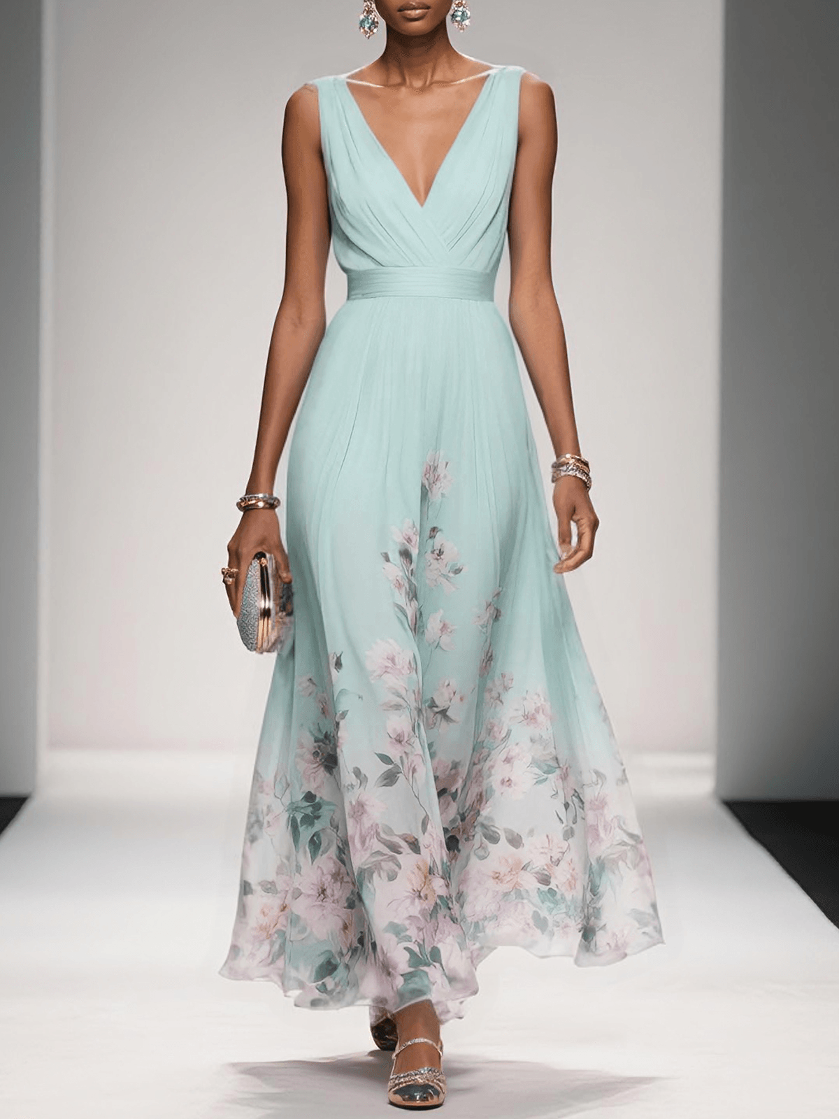 Fleur | Robe Maxi Chiffon Florale Deep V Neck Plissée Sans Manches