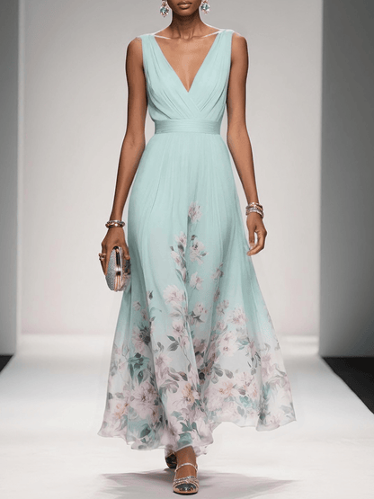 Fleur | Robe Maxi Chiffon Florale Deep V Neck Plissée Sans Manches