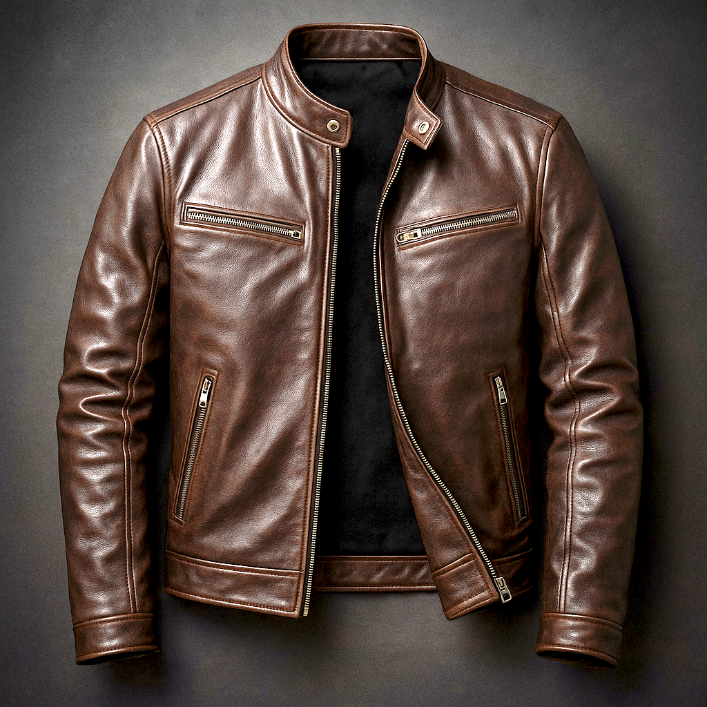 Dorian | Veste Homme en Cuir Vintage Col Officier à Zip et Poches