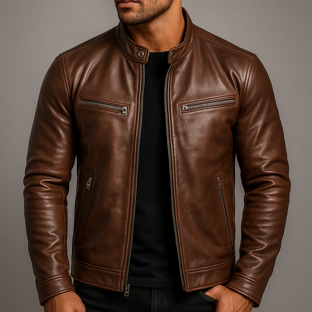 Dorian | Veste Homme en Cuir Vintage Col Officier à Zip et Poches