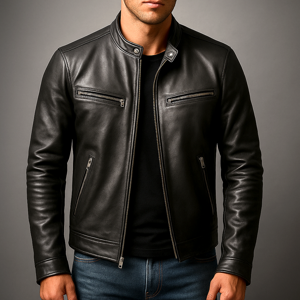 Dorian | Veste Homme en Cuir Vintage Col Officier à Zip et Poches