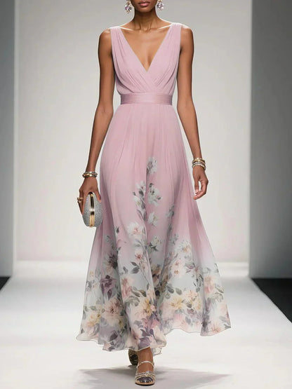 Fleur | Robe Maxi Chiffon Florale Deep V Neck Plissée Sans Manches