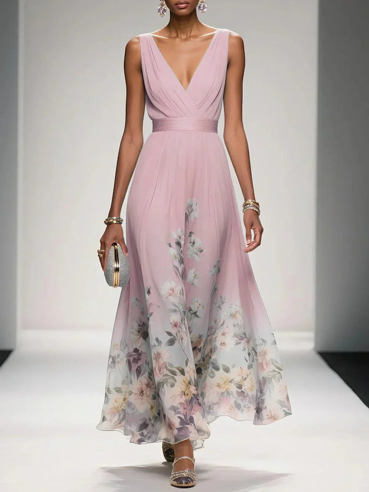 Fleur | Robe Maxi Chiffon Florale Deep V Neck Plissée Sans Manches