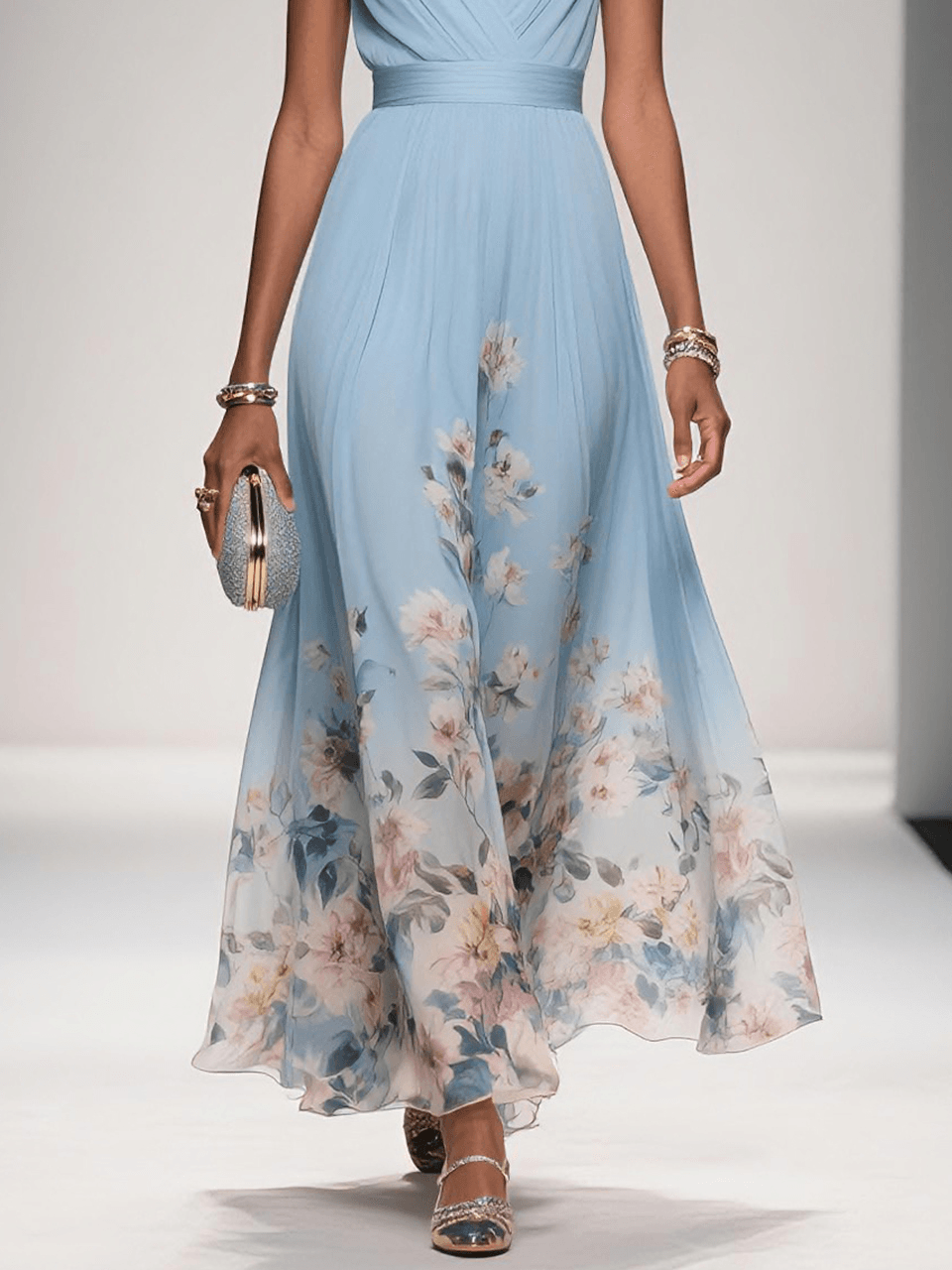Fleur | Robe Maxi Chiffon Florale Deep V Neck Plissée Sans Manches