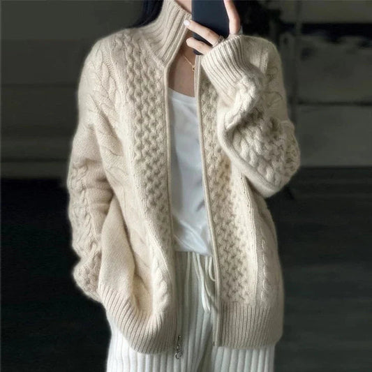 Elaris | Cardigan Femme en Cachemire Torsadé Col Montant à Zip