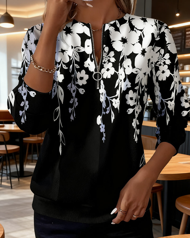 Fleurine | Sweat Femme Fleuri Demi-Zip Col Rond Manches Longues