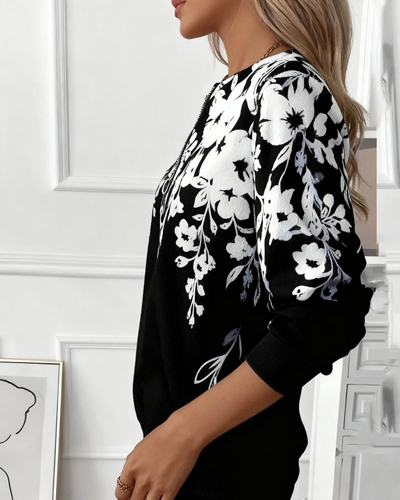 Fleurine | Sweat Femme Fleuri Demi-Zip Col Rond Manches Longues