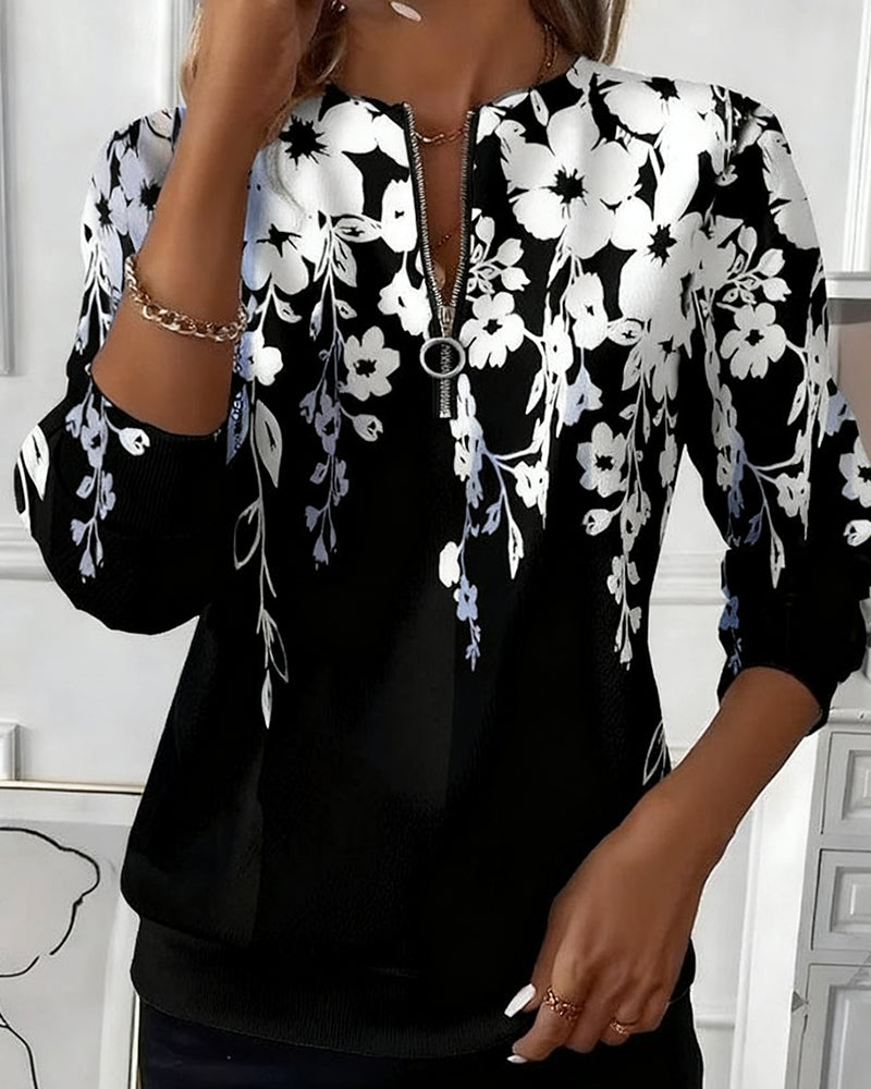 Fleurine | Sweat Femme Fleuri Demi-Zip Col Rond Manches Longues