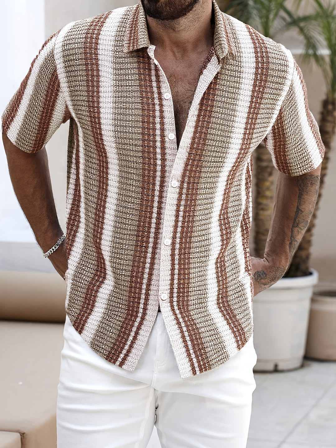 Nico | Chemise Homme Rayée Texturée Button Up Manches Courtes