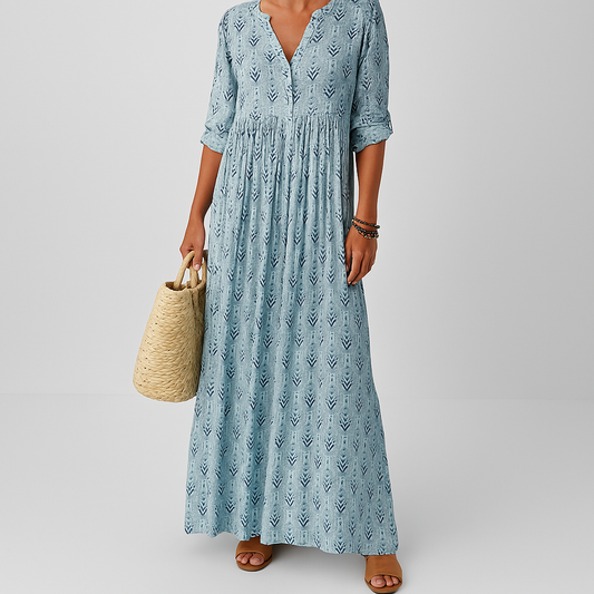 Sabrine | Robe Maxi Boho Imprimé Col V Boutonné Manches Retroussées