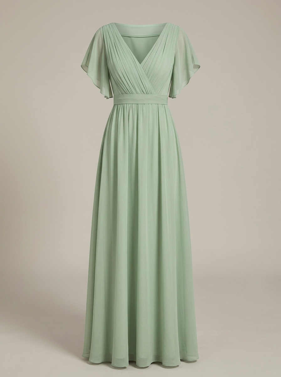 Eulalie | Robe Maxi Chiffon Col V Plissé Manches Papillon A-Line