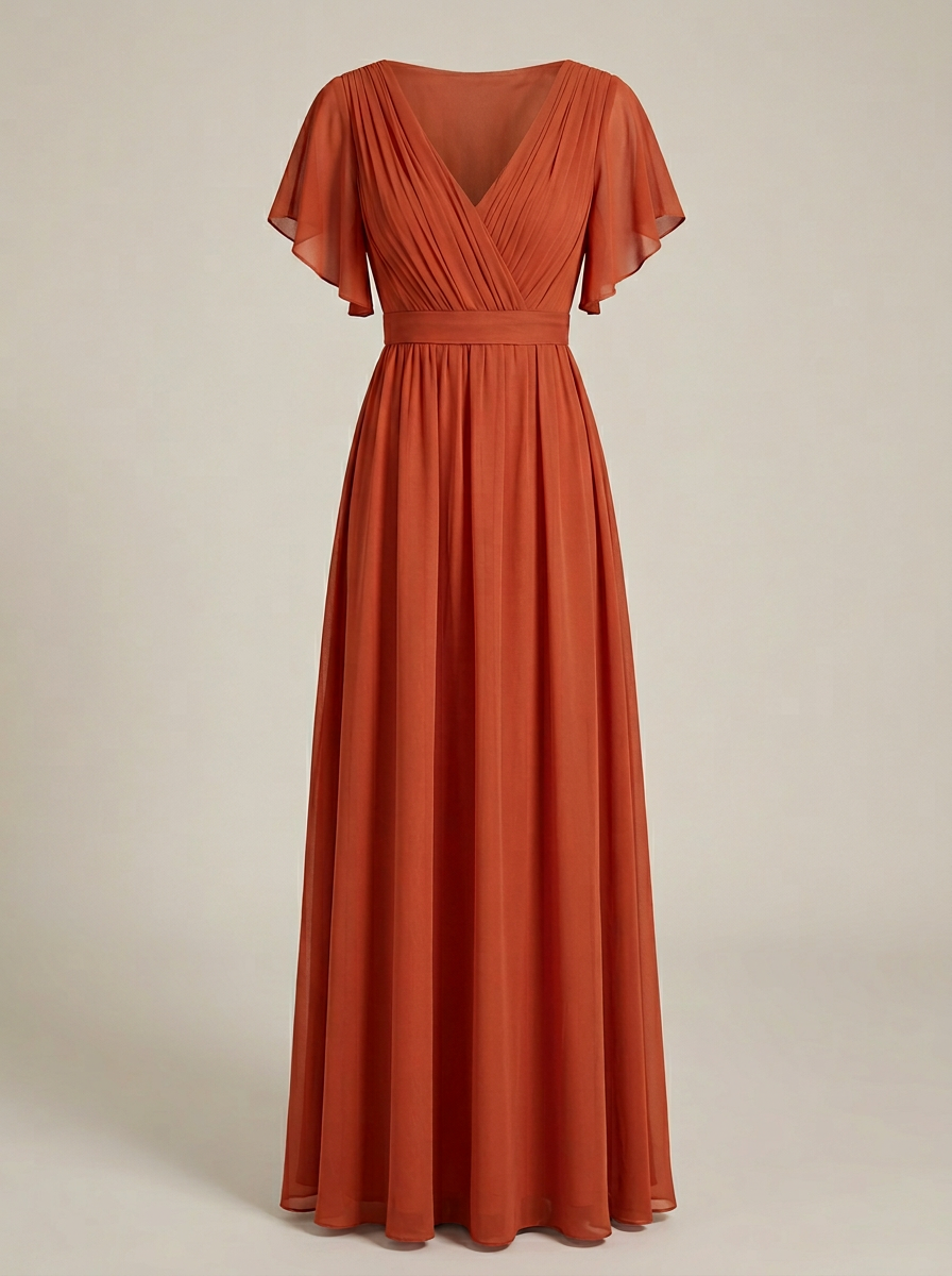 Eulalie | Robe Maxi Chiffon Col V Plissé Manches Papillon A-Line