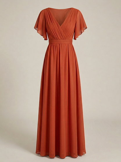Eulalie | Robe Maxi Chiffon Col V Plissé Manches Papillon A-Line