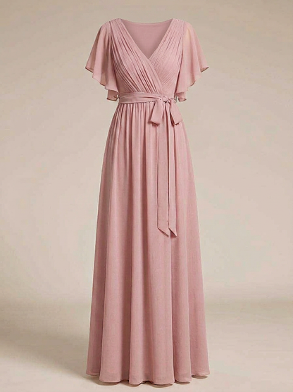 Eulalie | Robe Maxi Chiffon Col V Plissé Manches Papillon A-Line