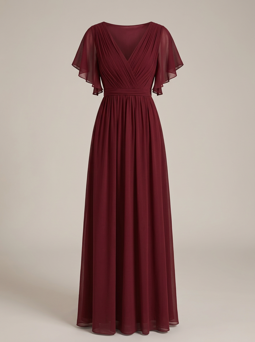 Eulalie | Robe Maxi Chiffon Col V Plissé Manches Papillon A-Line