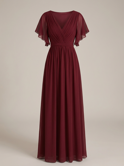 Eulalie | Robe Maxi Chiffon Col V Plissé Manches Papillon A-Line