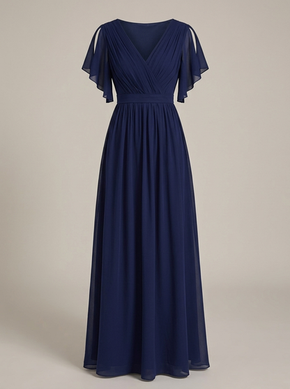 Eulalie | Robe Maxi Chiffon Col V Plissé Manches Papillon A-Line
