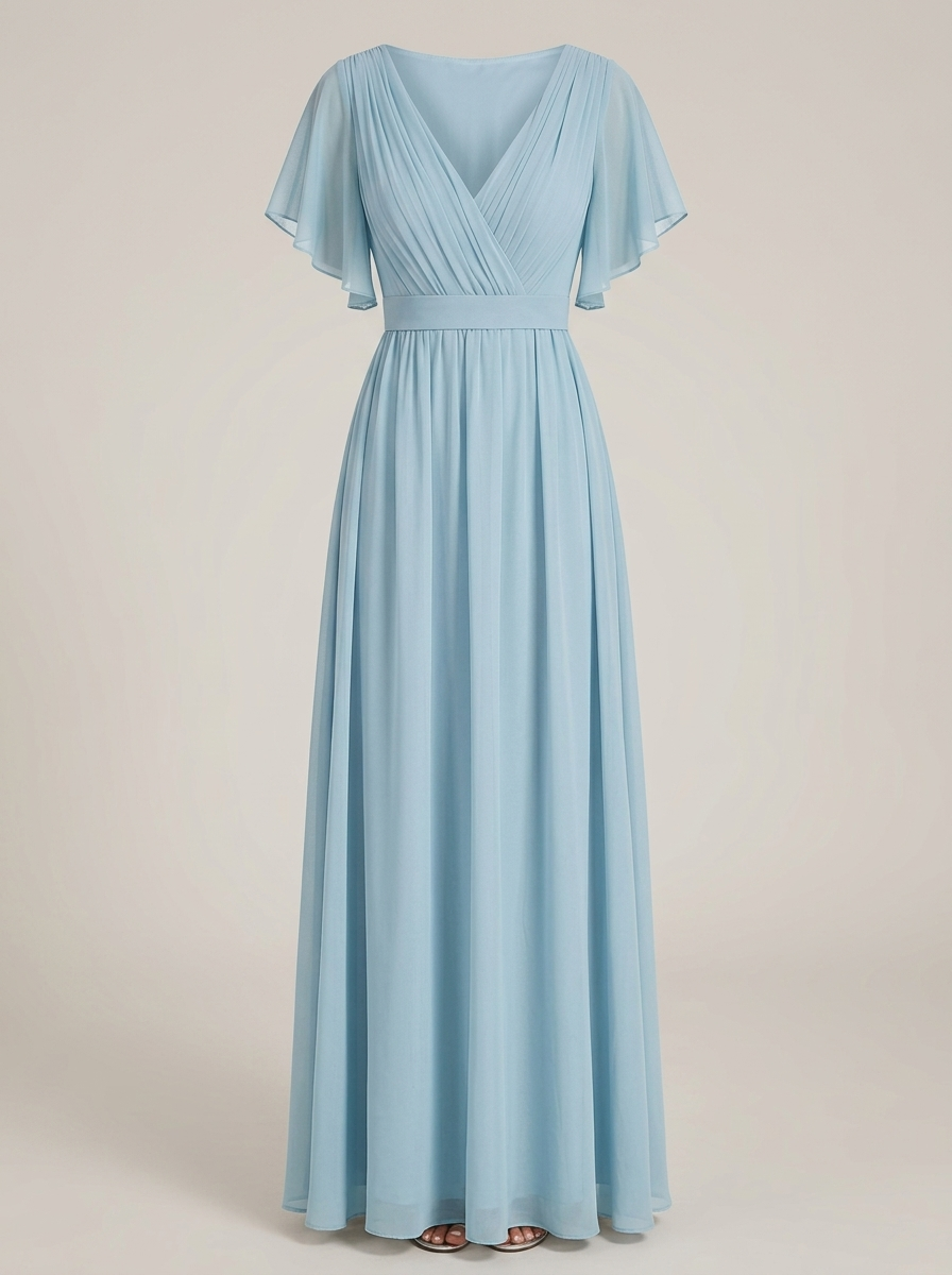 Eulalie | Robe Maxi Chiffon Col V Plissé Manches Papillon A-Line