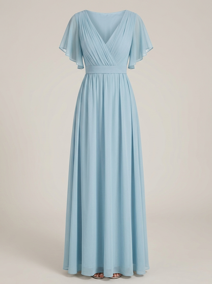 Eulalie | Robe Maxi Chiffon Col V Plissé Manches Papillon A-Line
